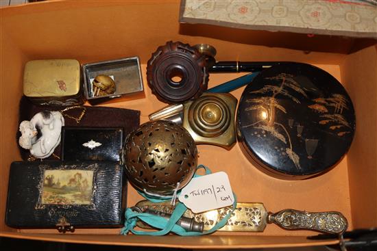 Sundry items including a 19th century Eastern engraved and pierced brass incense or perfume ball and a Chinese brass box